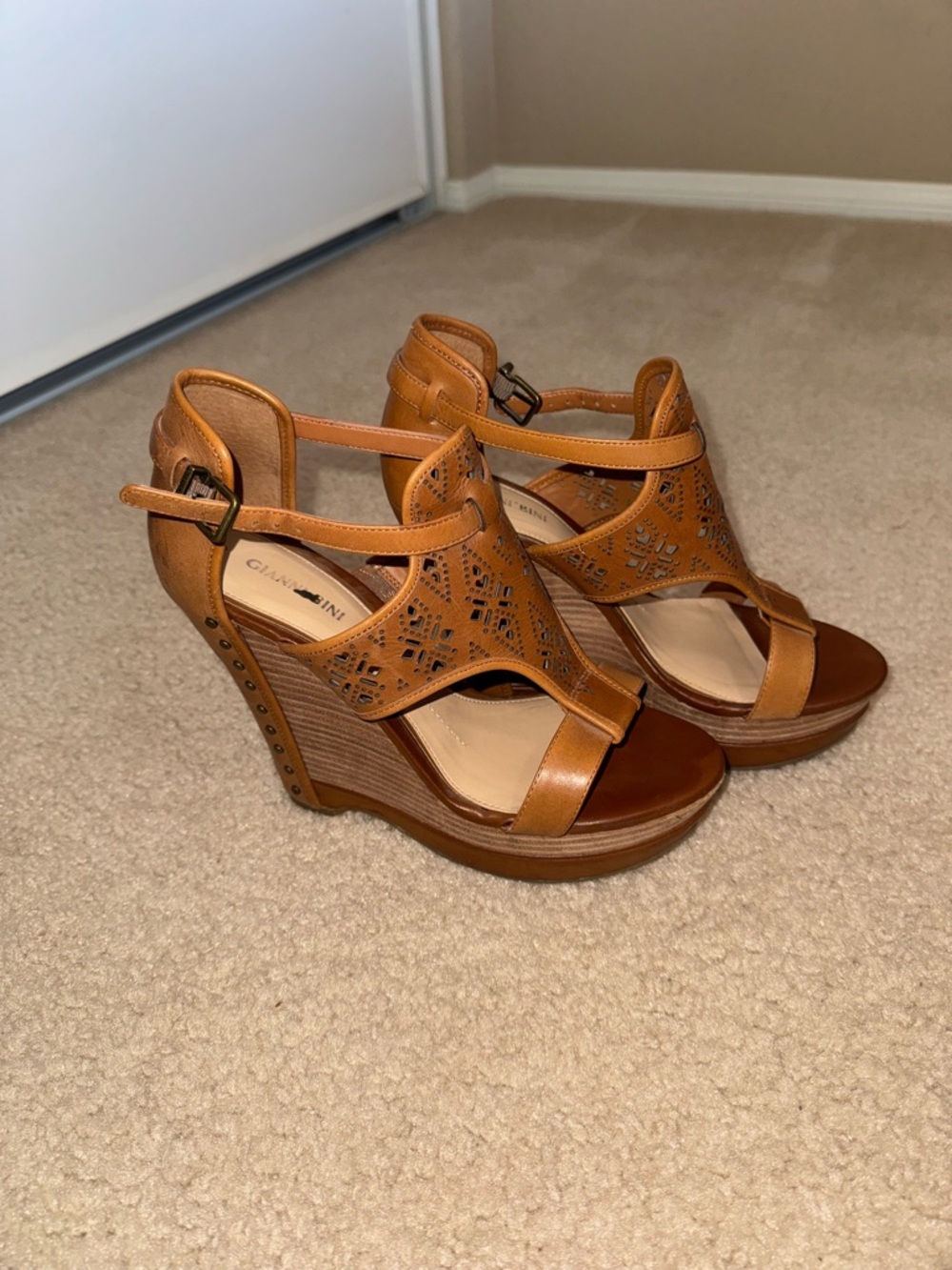 Gianni Bini “Rissa” Cognac Laser-Cut T-Strap Platform Wedges, Sz 9.5